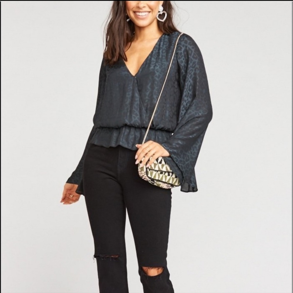 Show Me Your Mumu Richie Black Leopard Print Faux Wrap Blouse Flared Sleeve larg